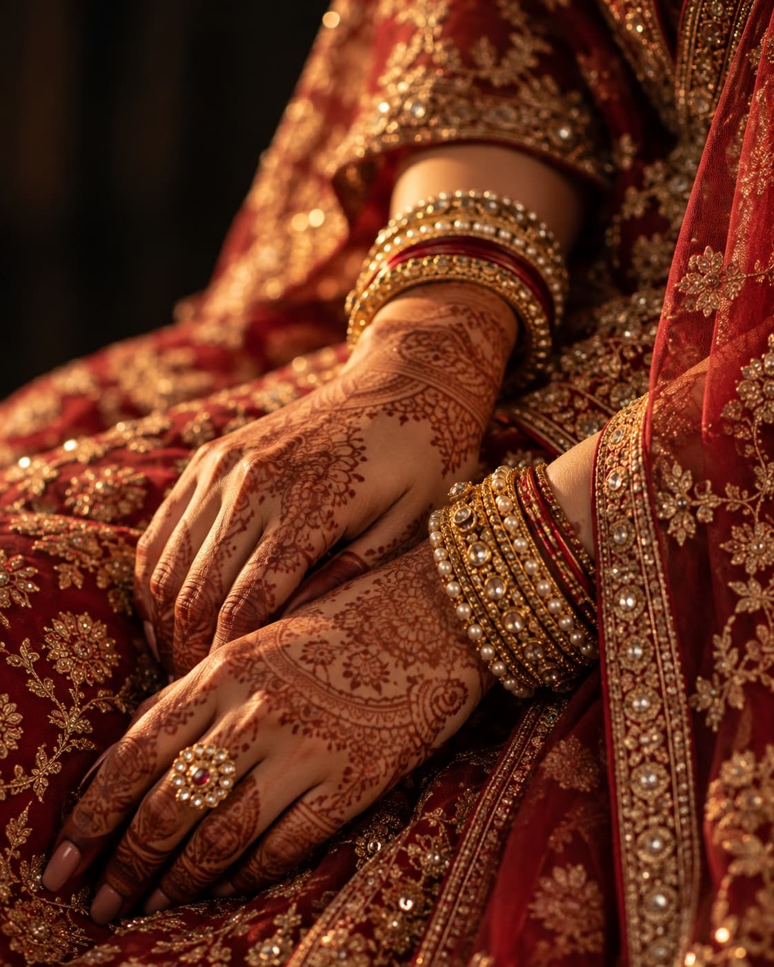Editorial detail of bridal henna and gold bangles — mood reference, not a specific artist's work